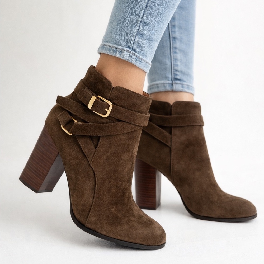 Kixters Gena Olive Green Suede Ankle Boots Block Heel Buckle Strap Chic Booties